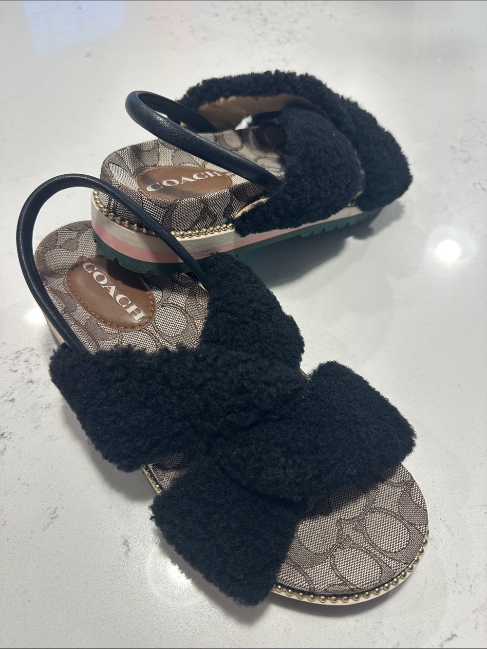 COACH Tally Shearling Slingback Sandals Signature Jacquard Black NWOT Size 8.5